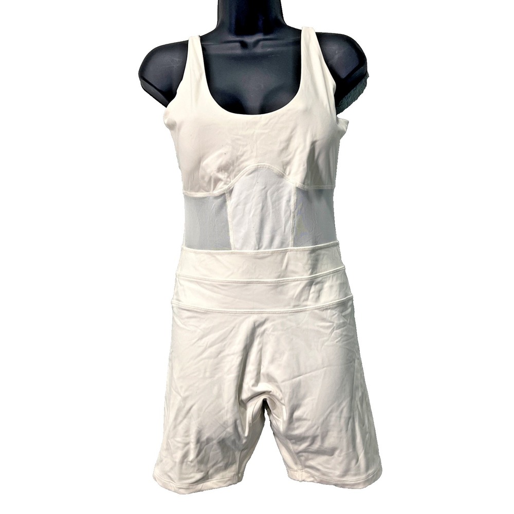 POPFLEX Runsie Active Romper Women L White Mesh Panel Yoga Bodysuit Athletic